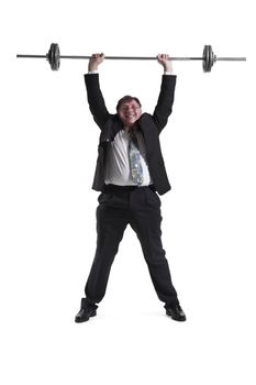 Mature Businessman Lifting Barbell Over White Background