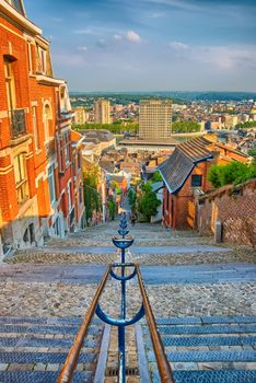 View over montagne de beuren stairway with red brick houses in Liege, Belgium, Benelux, HDR