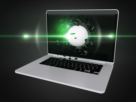 golf ball destroy laptop, technology background, sport background