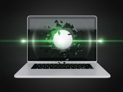 golf ball destroy laptop, technology background, sport background