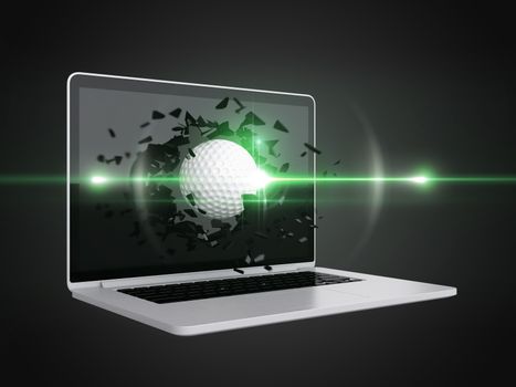 golf ball destroy laptop, technology background, sport background