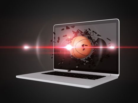 basketball destroy laptop, technology background, sport background