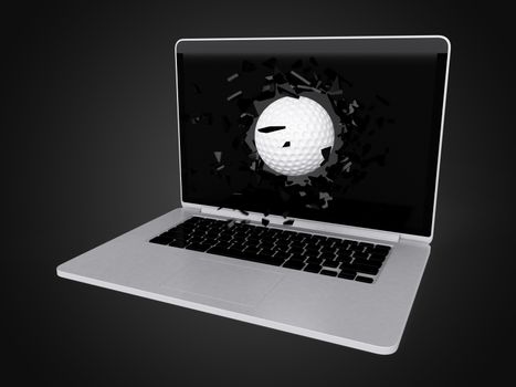 golf ball destroy laptop, technology background, sport background