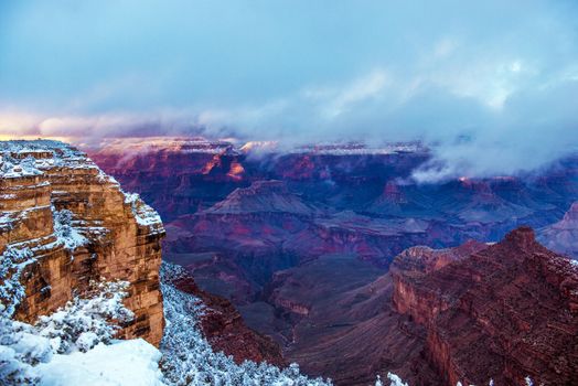 Winter Season in Grand Canyon National Park in Arizona, United States. Scenic Cloudy Grand Canyon Landscape.