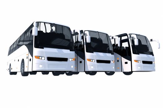 Three Modern Buses Isolated on Solid White Background. 3D Illustration.