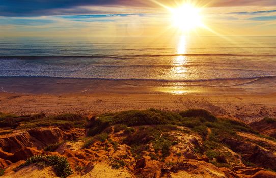 Sunny California Beach. Beautiful Sunny Day on the Beach. Southern California Ocean Shore Landscape.