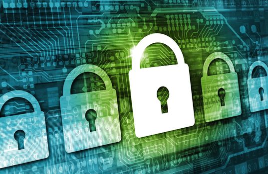 Online Data Security Concept Illustration with Padlock Icons, Cyber Background and Circuit Board Elements. Internet Security Technologies.