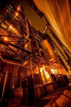 The Alley Place at Night. Large American City Alley in Super Wide Angle.