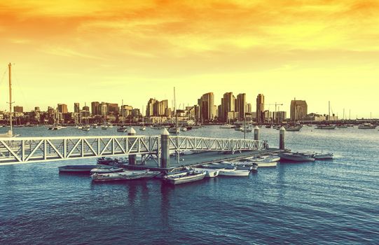 San Diego Sunset. San Diego Skyline and the Bay with Marina. San Diego, California, United States.