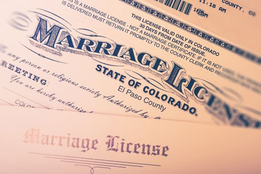 Marriage License Issued in Colorado State, United States. Marriage or Divorce Concept. Marriage License Document Closeup.