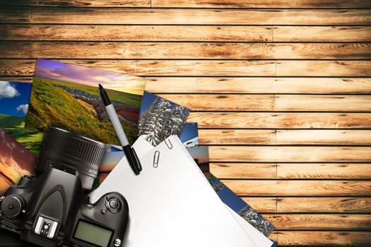 Photographer Desk Illustration. Digital Camera and Some Prints on the Wooden Desk. Digital Photography Concept.