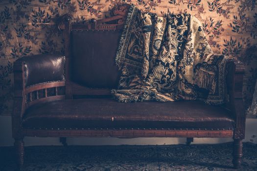 Vintage Leather Sofa with Vintage Blanket.