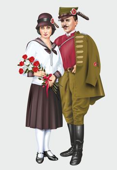 Historical Polish Sokół Society Traditional Costume. Sokół Member and His Wife Illustration Isolated on Solid Grey. Polish Historical Clothing.