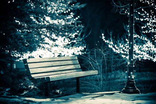 Park Bench in Winter. Wooden Bench in the Public Park and Holiday Lights on Trees Around. Dark Blue Color Grading