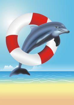 Lifesaving Dolphin Illustration. Dolphin Jumping Thru the Red and White Lifesaving Ring. Lifeguarding Concept Illustration.