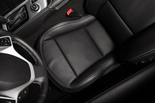 Driver Seat Photo From Above. Black Car Leather Interior. Driving Theme.