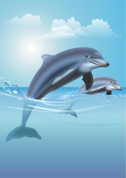 Two Happy Jumping Dolphins Digitally Created Illustration. Vertical Dolphins Background.