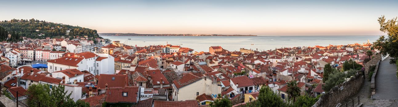 Red Roofs of the Town Piran, Slovenia. View from Above at Sunrise. Morning Panorama.