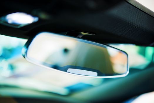 Vehicle Rear View Mirror. Car Interior Safety Feature Closeup