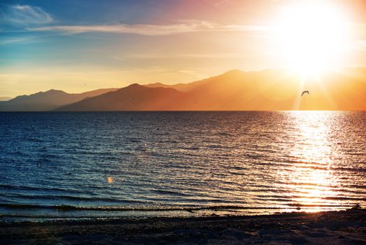 Southern California Salton Sea Landscape at Sunset. California, United States. Salton Sea Endorheic Rift Lake 