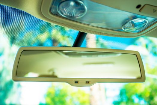 Car Rear View Mirror. Car Interior Mirror Closeup.