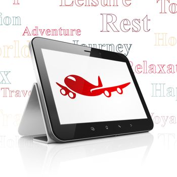 Vacation concept: Tablet Computer with  red Airplane icon on display,  Tag Cloud background
