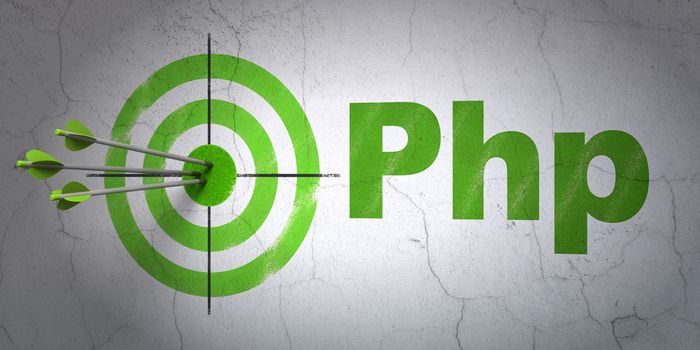 Success Database concept: arrows hitting the center of target, Green Php on wall background