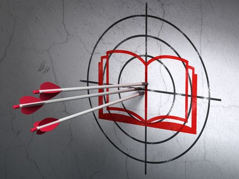 Success Science concept: arrows hitting the center of Red Book target on wall background