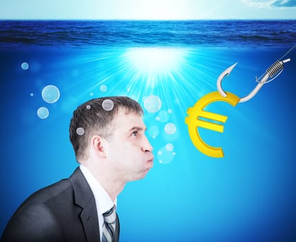 Businessman with inflated cheeks under water with hook and euro sign