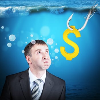 Businessman with inflated cheeks under water with hook and dollar sign