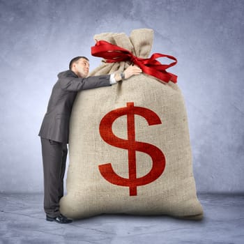 Businessman hugging bag with dollar sign on grey wall background