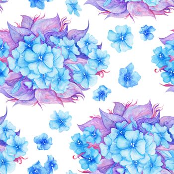 Seamless blue and purple hydrangea texture on white background for wallpaper and textile design
