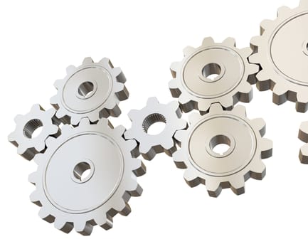Set of mechanical gears isolated on white background, close up view