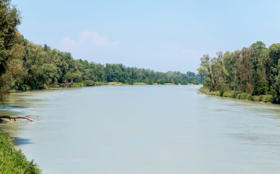River with forest and blue sky background