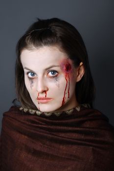 Portrait of a woman shot in the head.