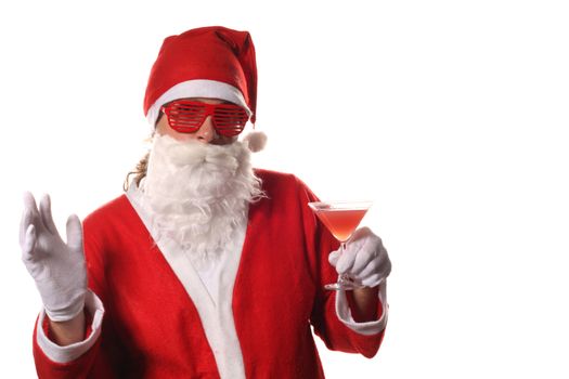 Santa Claus with red party glasses and a cocktail