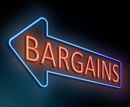 Illustration depicting an illuminated neon sign with a bargains concept.