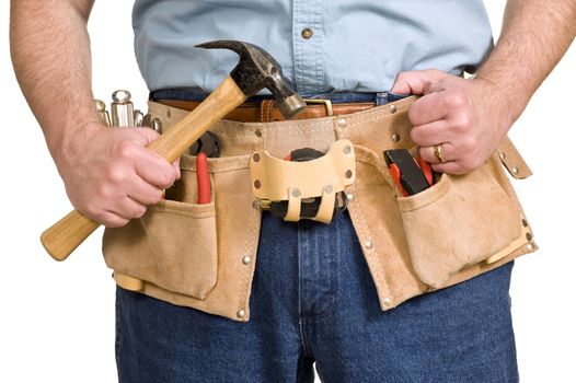 Close up of tool belt on manual worker.  Shot in studio on white background