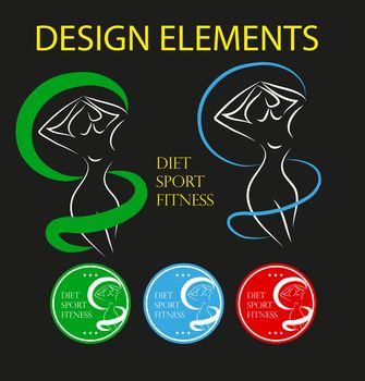 abstract fitness sport diet healthy life female silhouette and emblems templates set / girl measuring her waist
