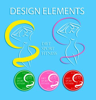 abstract fitness sport diet healthy life female silhouette and emblems templates set / girl measuring her waist