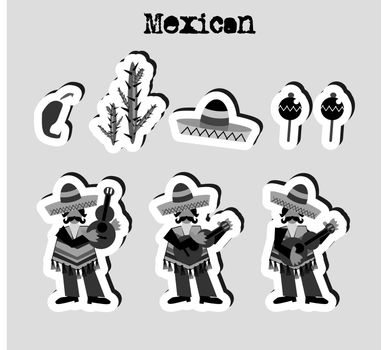 Сartoon Mexican icons set music band nature and design elements stickers