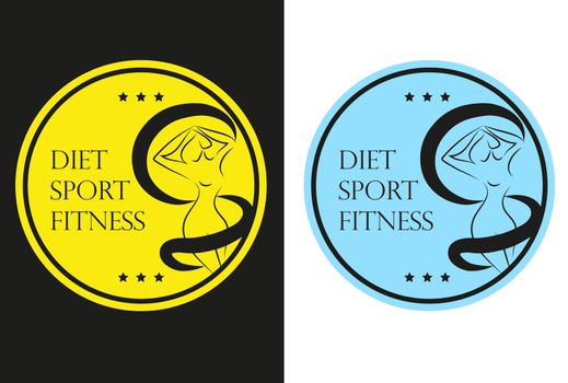 Icons set sticker or emblem of a woman silhouette measuring her waist Diet Sport Fitness