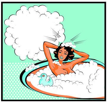 Retro Woman in the bath nude with duck Washing head with bubbles