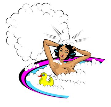 Retro Woman in the bath nude with duck Washing head with bubbles