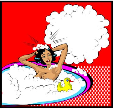 Retro Woman in the bath nude with duck Washing head with bubbles