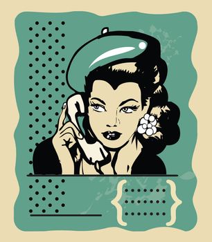 Beauty Retro Girl Portrait  Beautiful Woman Face talking by phone on polka dot Background. Pretty Girl Touching her Face 