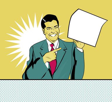 happy advertising man with sheet of paper in a hand in pop art comic style