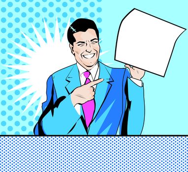 happy advertising man with sheet of paper in a hand in pop art comic style