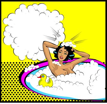 Retro Woman in the bath nude with duck Washing head with bubbles