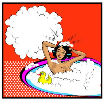 Retro Woman in the bath nude with duck Washing head with bubbles